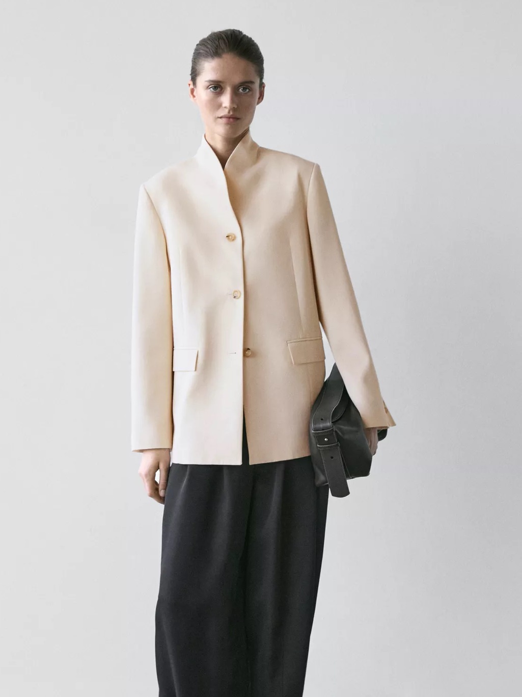 Massimo Dutti Women's Cream Stand-Collar Coat Jacket Blazer